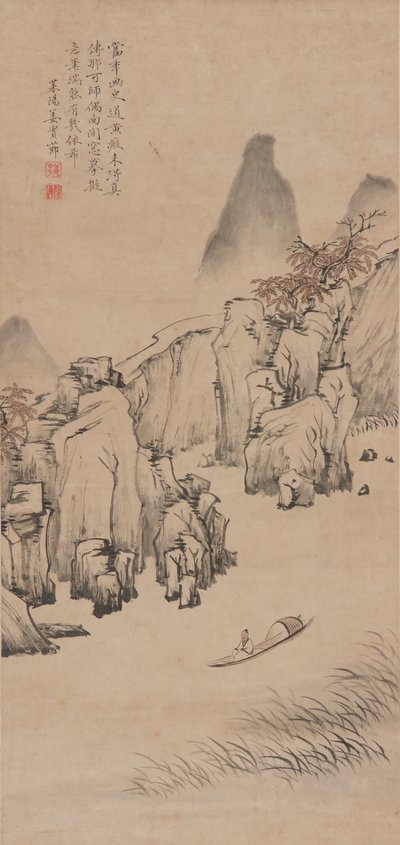 River landscape with man in a boat by Jiang Shijie